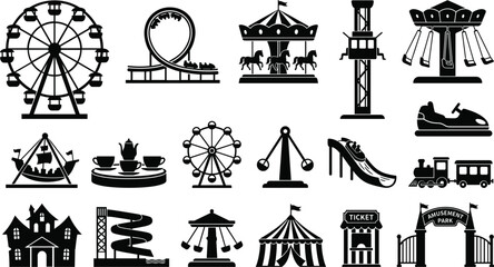 Amusement park silhouette icons vector set, carnival fairground rides with roller coaster and haunted house © Akramul