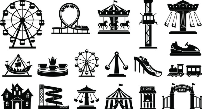 Amusement park silhouette icons vector set, carnival fairground rides with roller coaster and haunted house