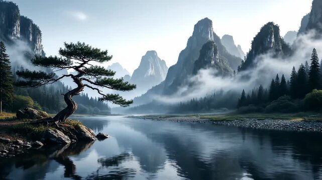 The natural scenery of solitary pines among mountains and rivers, the artistic conception of ink painting landscapes