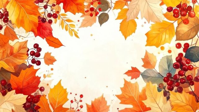 Autumn leaves and berries frame a bright, empty space