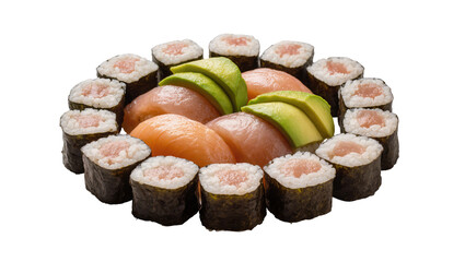 Salmon and avocado sushi rolls arranged in a circle © Michal