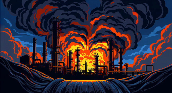 Industrial oil refinery engulfed in massive fire and smoke. Stylized illustration of factory disaster with orange flames and dark clouds. Environmental catastrophe concept for industrial safety.