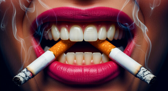 Woman with pink lipstick biting two lit cigarettes. Smoke swirls around white teeth in a close-up. Addiction and health hazard concept, ideal for anti-smoking campaigns and lifestyle awareness.