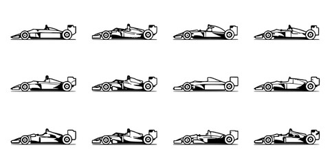 Naklejka premium Race Cars in Various Designs and Styles Depicted in a Clean, Minimalist Line Art Format. Featuring Black and White, Automotive, Speed with Racing