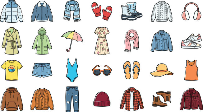 Seasonal fashion clothing vector icon set, winter outerwear and summer apparel garments collectionSeasonal fashion clothing vector icon set, winter outerwear and summer apparel garments collection