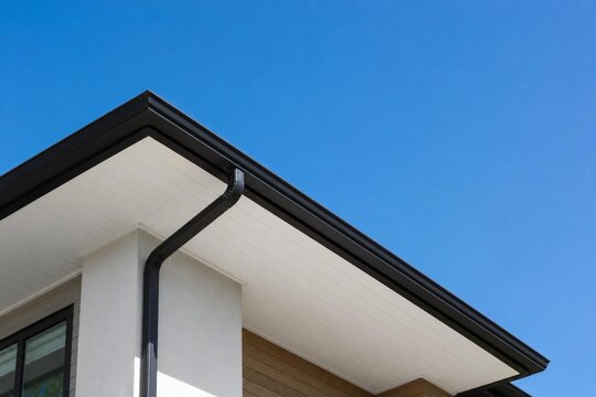 Clean white soffit board under eaves contrasting with dark rain gutter.