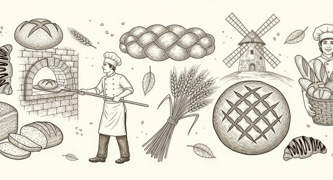 Hand-drawn vintage sketches of bakers making fresh bread and artisanal bakery products. Illustration features a stone oven, windmill, wheat, and various loaves. Ideal for branding and menu design.