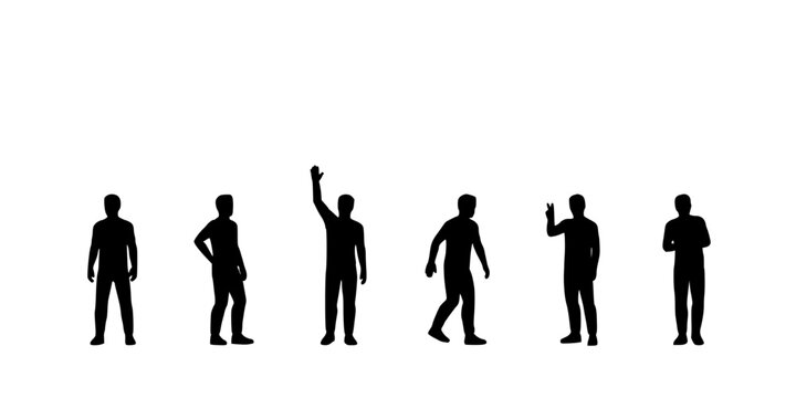 People Silhouettes in Various Poses and Gestures, Black and White, Standing and Moving Featuring Human Figures, Body Language, Communication