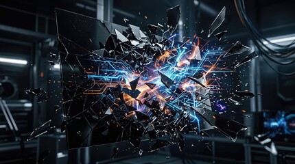 Black shattered glass explosion with sharp fragments, modern technology and digital innovation energy, creative visual for power