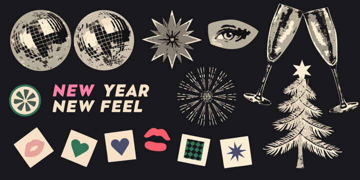 New year collage featuring disco balls champagne flutes and playing cards in a vector illustration