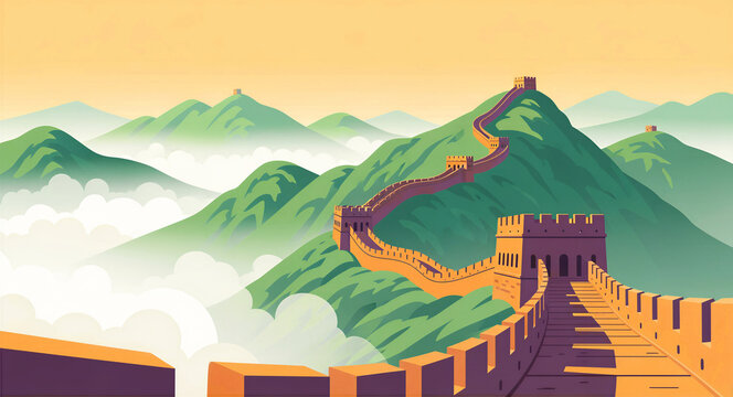Great Wall of China vector illustration winding through green mountains. Stone watchtowers sit above misty clouds at sunset. Historic travel concept for tourism marketing and cultural posters.