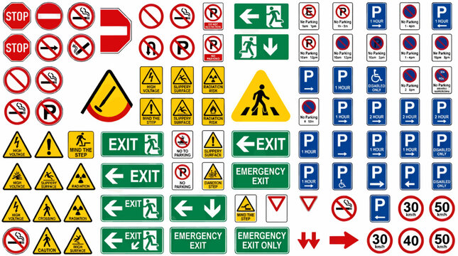 Collection of Safety and Directional Signs: Stop, Parking, Exit, Warning, and Speed Limits, Vector Illustration