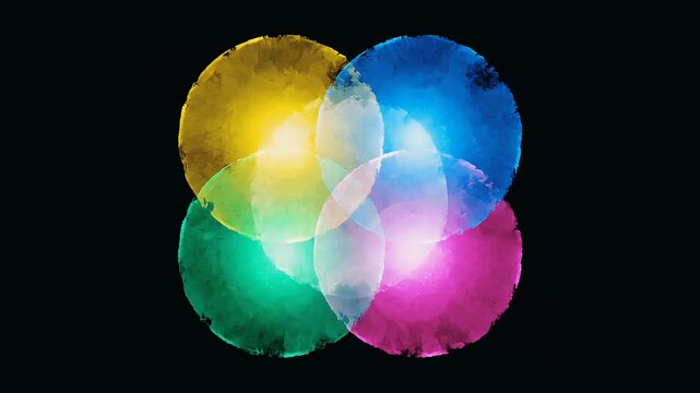 Abstract Intersection of Radiant Watercolor Circles Creating Vibrant Color Overlays on Deep Black Background