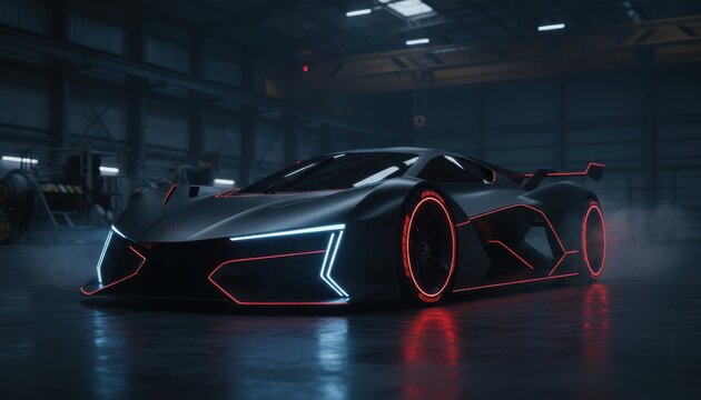 Futuristic race car design showcases sleek matte black with striking red neon accents at a modern garage