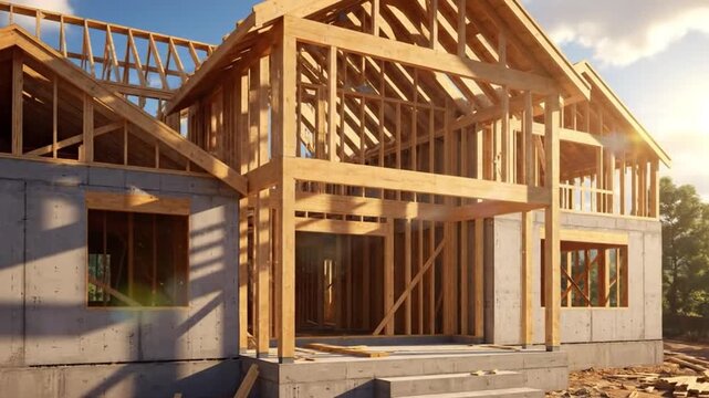Wooden house frame under construction on a sunny day
