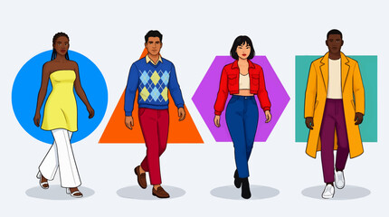 Fototapeta premium Diverse Fashion Models Presenting Collection on Geometric Backgrounds, Flat Vector Illustration Style, Four People Walking