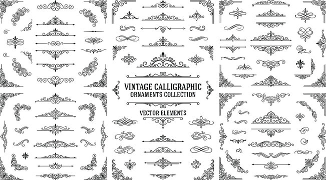 Vintage calligraphic ornaments collection vector elements set with ornate text dividers flourishes and corners