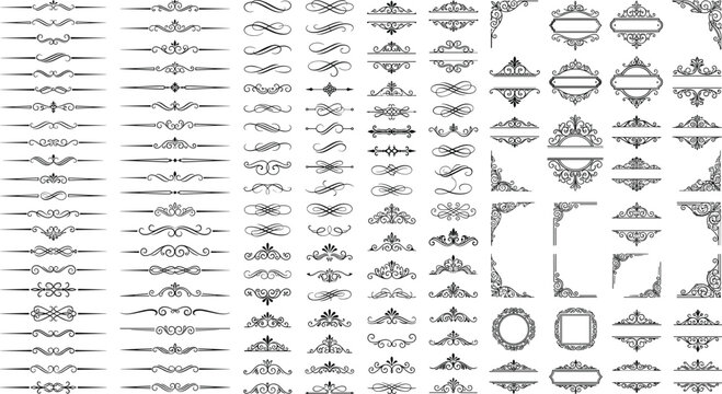 Mega vintage calligraphic elements vector set with decorative dividers ornate flourishes frame borders and corners