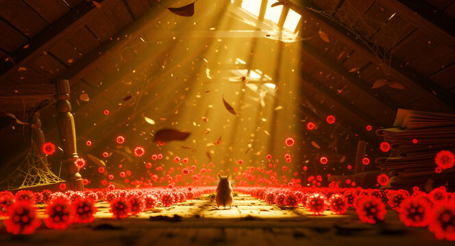 Small mouse standing in a dusty attic surrounded by red virus particles. Golden sunlight rays illuminate the room filled with floating pathogens. Concept of disease spread and pestilence.