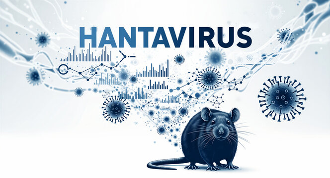 Hantavirus illustration with rodent and viral cells on a scientific background. Infographic featuring data charts and molecular structures. Medical research concept for public health awareness.