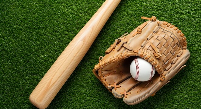 Baseball equipment on green grass field