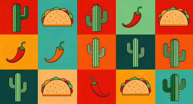 Flat design grid pattern featuring Mexican icons like tacos, cacti, and chili peppers. Colorful pop art style with geometric repeating elements. Ideal for Mexican menus and festive celebrations.