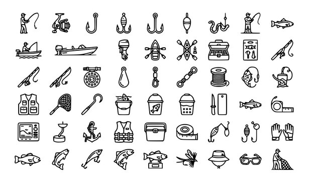 Fishing monoline icon set with motor boat fisherman fishhooks lures echo sounder and catch gear vector illustration editable stroke