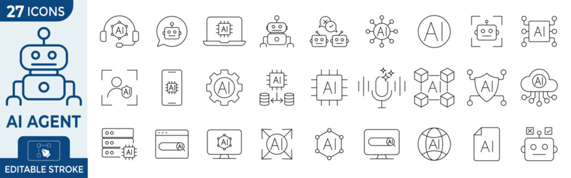 Artificial intelligence agent icon set, 27 machine learning line icons, neural network and robot automation vector symbols for tech software