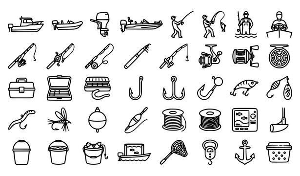 Fishing and angling outline icon collection with boat motor fishhook lure float echo sounder and catch equipment vector set