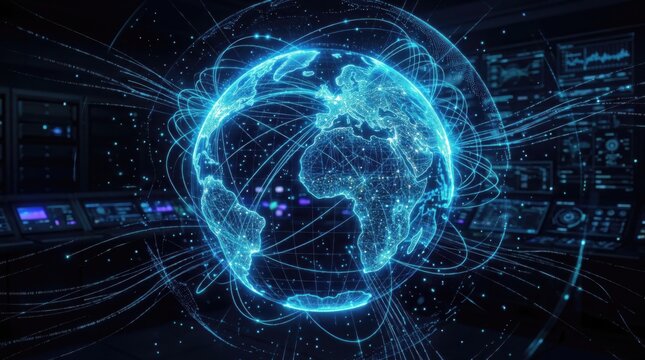 Blue wireframe globe with radiating energy lines in a network concept for professional digital technology. This high-tech world