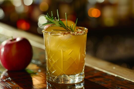 Apple cider cocktail is garnished with a sprig of rosemary and a thin slice of apple with a sugared rim, sitting on a bar