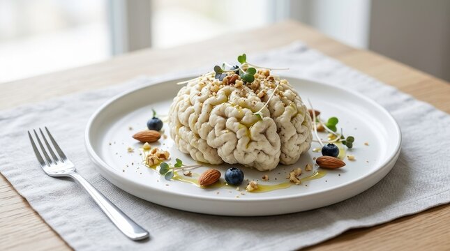 Brain on white plate surreal intelligence food concept creative mind nutrition mental health psychological thought thinking art.