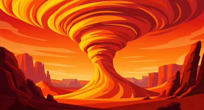 Powerful fire tornado swirling through a desert canyon landscape. Stylized vector illustration of a massive orange cyclone under a dramatic sunset sky. Natural disaster and climate change concept.