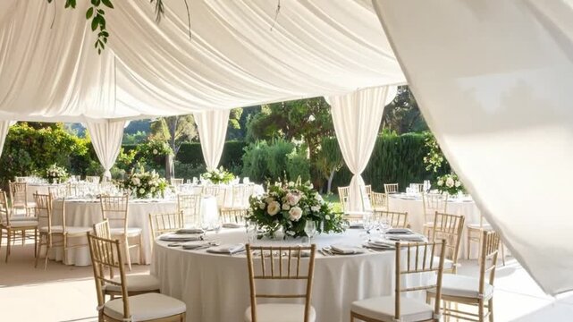 Elegant outdoor reception tent with round tables set for a celebration