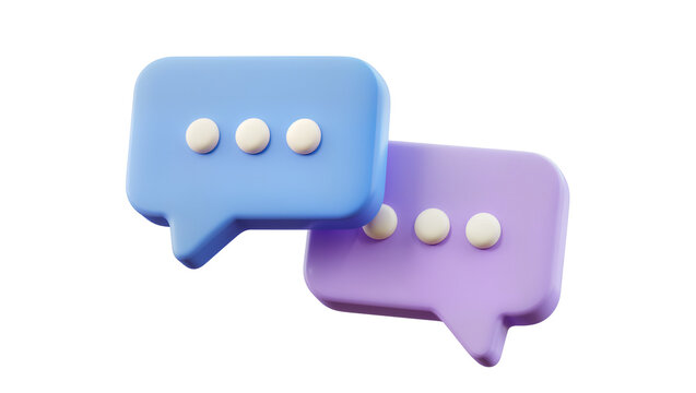 Two 3D speech bubbles blue and purple, with dots