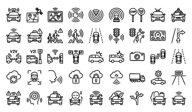 Self driving car and autonomous vehicle outline icon collection with sensors GPS AI detection and smart transport system vector set