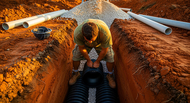 Man installing corrugated drainage pipes in a deep trench at a construction site. Worker layering gravel and pipes for a water management system. Infrastructure development and plumbing concept.