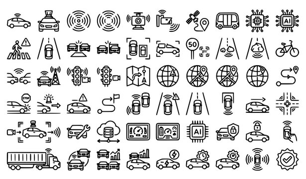 Autonomous vehicle monoline icon set with self driving cars sensors GPS AI detection and smart mobility systems vector illustration editable stroke