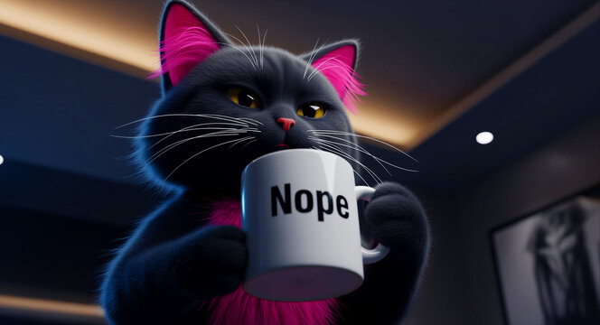 Cute black cat with pink fur accents holding a white mug with the word Nope. Humorous stylized feline character in a modern indoor setting. Morning routine and anti-social humor concept.