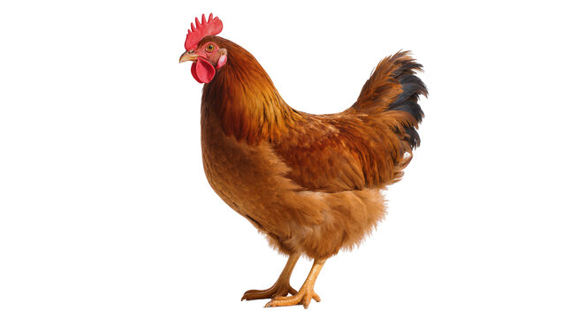 Brown chicken with red comb and wattle standing