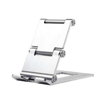 Aluminum phone tablet stand in silver color with adjustable angle isolated on transparent background