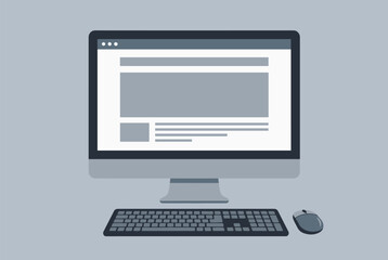 Fototapeta premium Minimalist modern desktop computer setup with a blank webpage layout, keyboard, and mouse, vector illustration.