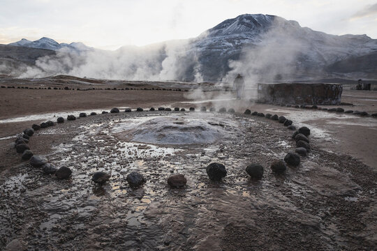 El Tatio geyser field steaming in the Andes Mountains