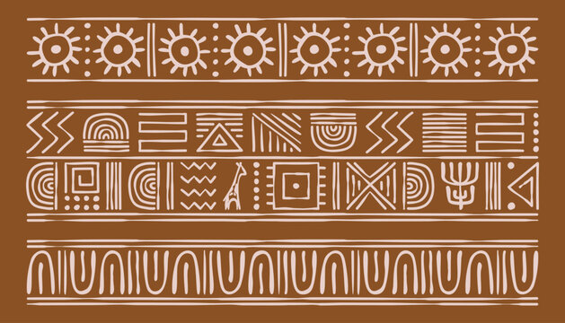 African tribal frame patterns, abstract geometric doodle borders with ethnic motifs, sun and giraffe print, vector hand drawn ornamental lines, afro folk background. Seamless design for textile