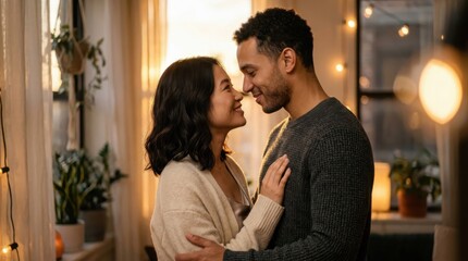 Fototapeta premium Romantic couple face to face in a glowing portrait for professional beauty and relationship themes. This high-quality lifestyle
