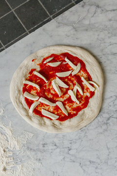 Pizza topping with tomato sauce and cheese isolated