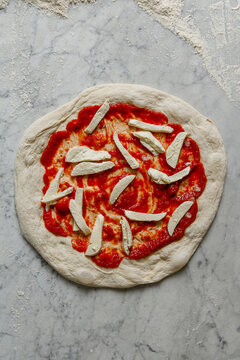 Pizza topping with tomato sauce and cheese isolated