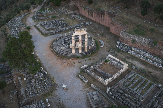 Aerial view of the ancient Tholos at Delphi Greece