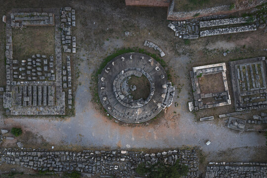 Drone view of ancient ruins at Delphi Greece