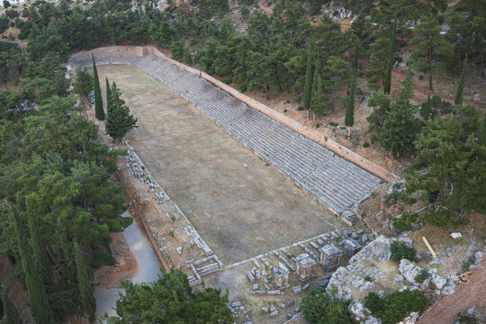 Ancient Greek stadium ruins in Delphi Greece